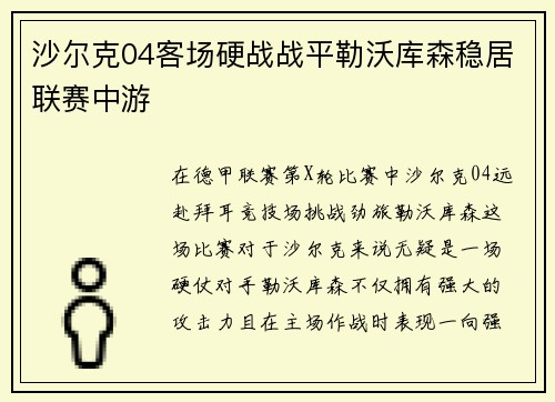 沙尔克04客场硬战战平勒沃库森稳居联赛中游